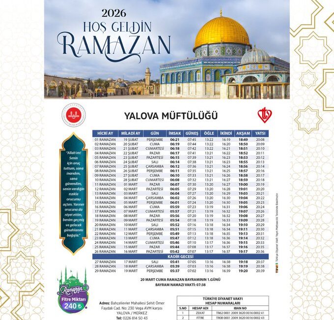 Yalova İçin Ramazan Takvimi